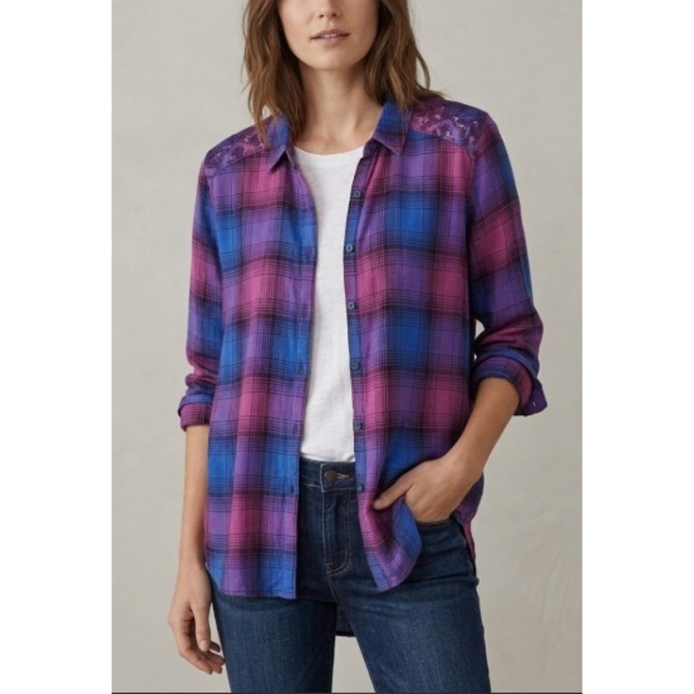 Lucky Brand Womens XL Purple Blue Plaid Lace Shoulder Rayon Button Down Shirt